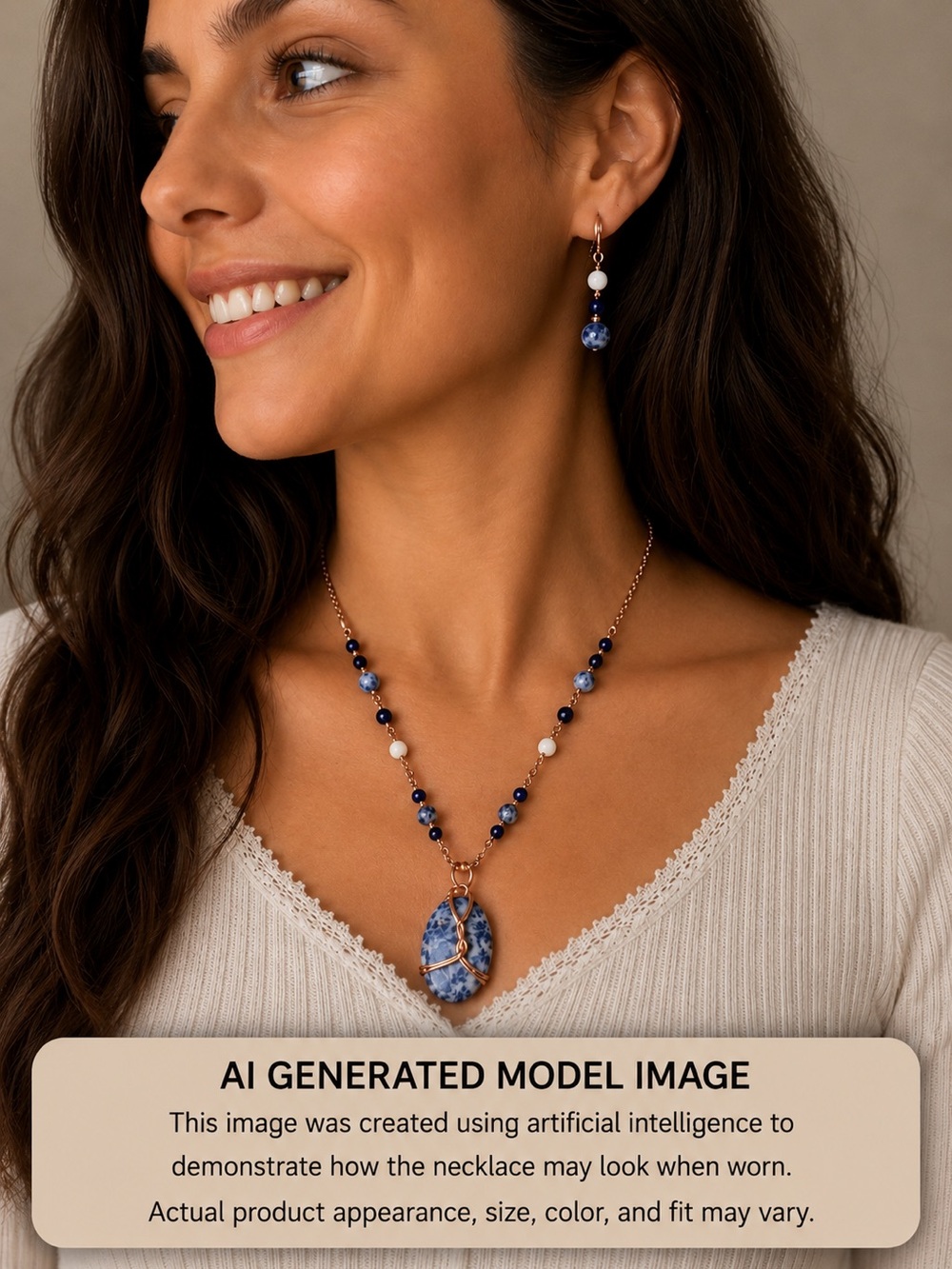 Blue, White Lapis Lazuli necklace pendant earrings copper wire wrapped 20 inches